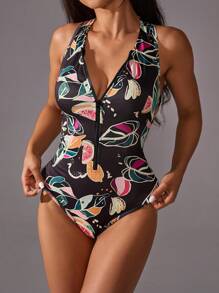 VARSITIE 運動款夏季衝浪基本印花連身衣，加胸罩杯 - 黑色 - 查看 5