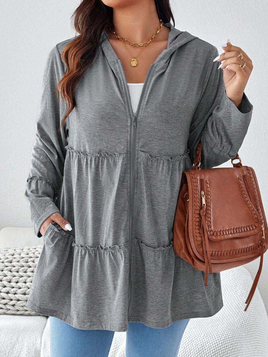 SHEIN LUNE Plus Size Solid Color Hooded Zipper Casual Daily Long Sleeve Jacket With Pockets Winter Clothes Hoodies - Grey - View 1