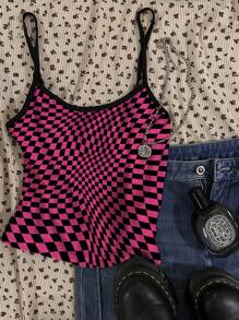 Attitoon 粉色撞色棋盘格印花女士休闲性感吊带背心，适合夏季 - 白色 - 查看 1