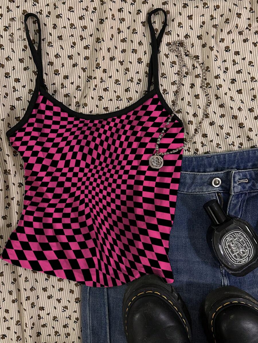 Attitoon 粉色撞色棋盘格印花女士休闲性感吊带背心，适合夏季 - 白色 - 查看 1