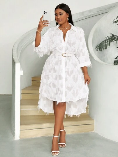 Maweii Plus Size Women's Short Sleeve Simple Daily Dress With Frayed Edges Embellishments