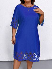 大码女士纯色简洁日常镂空连衣裙，适合夏季 - 藍色 - 查看 3