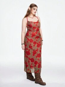 ROMWE Vestido con estampado de leopardo y cuello redondo de talla grande con falda acampanada - Rosa Roja - Ver 3