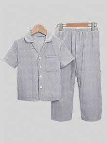 SHEIN 2 件套男童提花针织灰色短袖开衫和裤子睡衣套装 - 灰色 - 查看 1