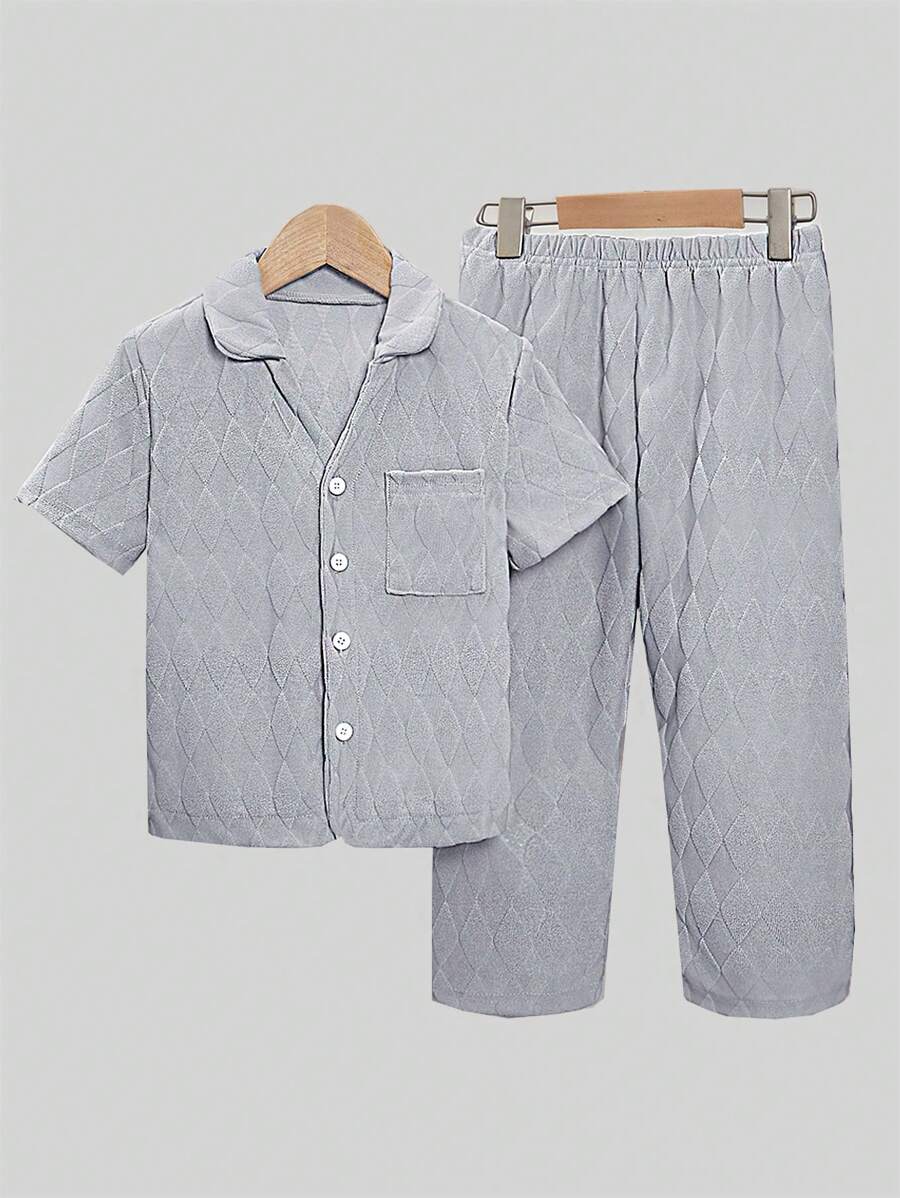 SHEIN 2 件套男童提花针织灰色短袖开衫和裤子睡衣套装 - 灰色 - 查看 1