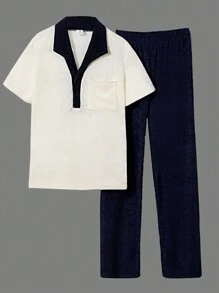 Boys' Casual Simple Plush Fabric Long Pants And Short Sleeve 2pcs Pajamas Set