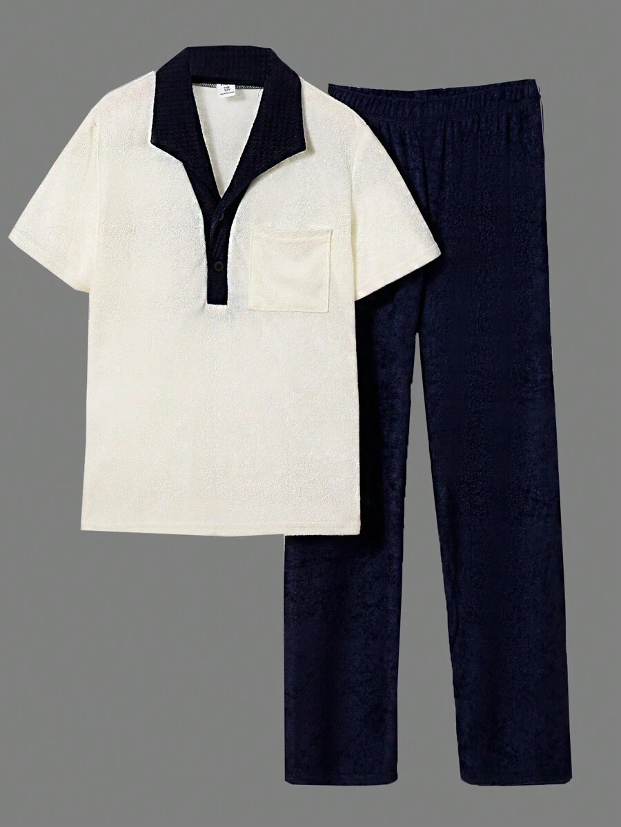 Boys' Casual Simple Plush Fabric Long Pants And Short Sleeve 2pcs Pajamas Set