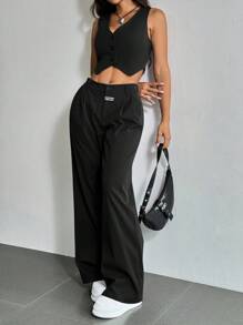 Muchica Summer Outfits Summer Sets Ladies' Solid Color Vest & Plaid Detail Pants Suit - Black - View 6