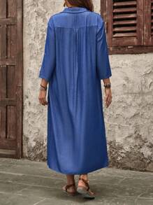 EMERY ROSE Váy mùa thu thường ngày màu xanh dành cho nữ có kích thước lớn với một nút và tay áo 3/4 - Màu xanh lam - Xem 2