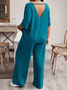 EMERY ROSE Plus Size Spring/Summer Casual Solid Color Batwing Sleeve Loose Fit T-Shirt And Long Pants Set - Blue - View 2