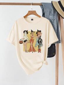 SHEIN EZwear Áo thun tay ngắn cổ tròn họa tiết tối giản giản dị cỡ lớn, dáng rộng cho nữ - Màu be - Xem 3