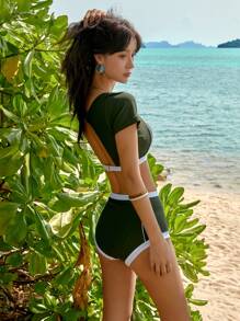 DAZY Ladies' Summer Beach Contrast Color Pleated Hollow Out Casual Bikini Set - Army Green - View 7