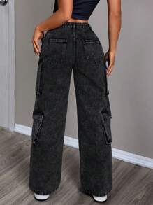 SHEIN PETITE 女士休闲直筒工装黑色工装牛仔裤，水洗牛仔裤 - 黑色 - 查看 2