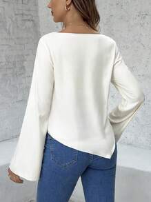 SHEIN Maternity Spring/Summer Casual Solid Color Draped Neck Flare Sleeve Shirt - Apricot - View 2