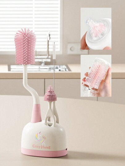 Cozy Pixies Accesorios de alimentación de botellas para bebés Cozy Pixies, juego de 3 cepillos de limpieza de botellas en rosa unicornio