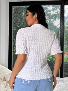 Flirla Chemise à manches bouffantes texturées de couleur unie décontractée pour l'été grande taille - Blanc - Voir 2