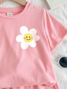 SHEIN Young Girl Cute Girl, Casual Face & Flower Printed Short Sleeve T-Shirt And Shorts 2pcs Set, Suitable For Summer Girls Short Setsbaby Summer Set