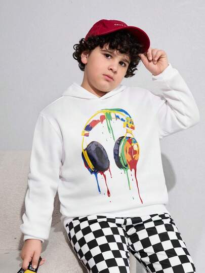 SHEIN Tween Boys Extended Size Colorful Headphone Print Casual Fleece Hoodie, Fall/Winter