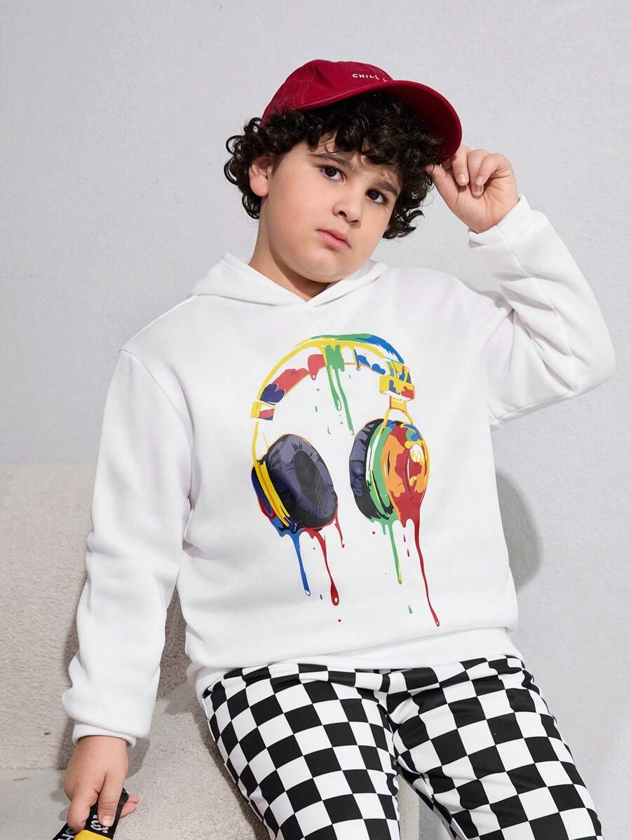 SHEIN Tween Boys Extended Size Colorful Headphone Print Casual Fleece Hoodie, Fall/Winter