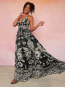 Travachic 假日編織印花V領帝國腰裙裝 - 黑與白 - 查看 6