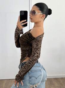 SHEIN ICON 猎豹印花女式秋季服装不对称领豹纹网眼时尚 T 恤，春夏 - 棕色 - 查看 5