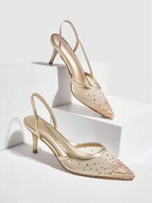 CUCCOO SZL 女士鞋，时尚浅金色网眼水钻细高跟尖头高跟鞋，带后带圣诞迪斯科派对夜场秋季新年假期