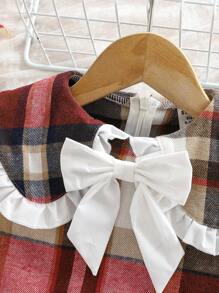 寶貝女孩可愛的彼得潘襯領彩塊格紋長袖連衣裙，配有荷葉邊飾 - 紅白色 - 查看 3