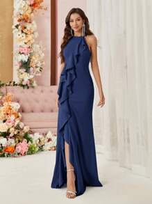 SHEIN Belle Women's Sleeveless Round Neck High Low Hem Ruffle Fish Tail Cocktail Dress (Heavy Model) With Front Slit Design Elegant Formal Evening Prom Wedding Guest Gown, For Graduation, Dinner - Navy Blue - View 6
