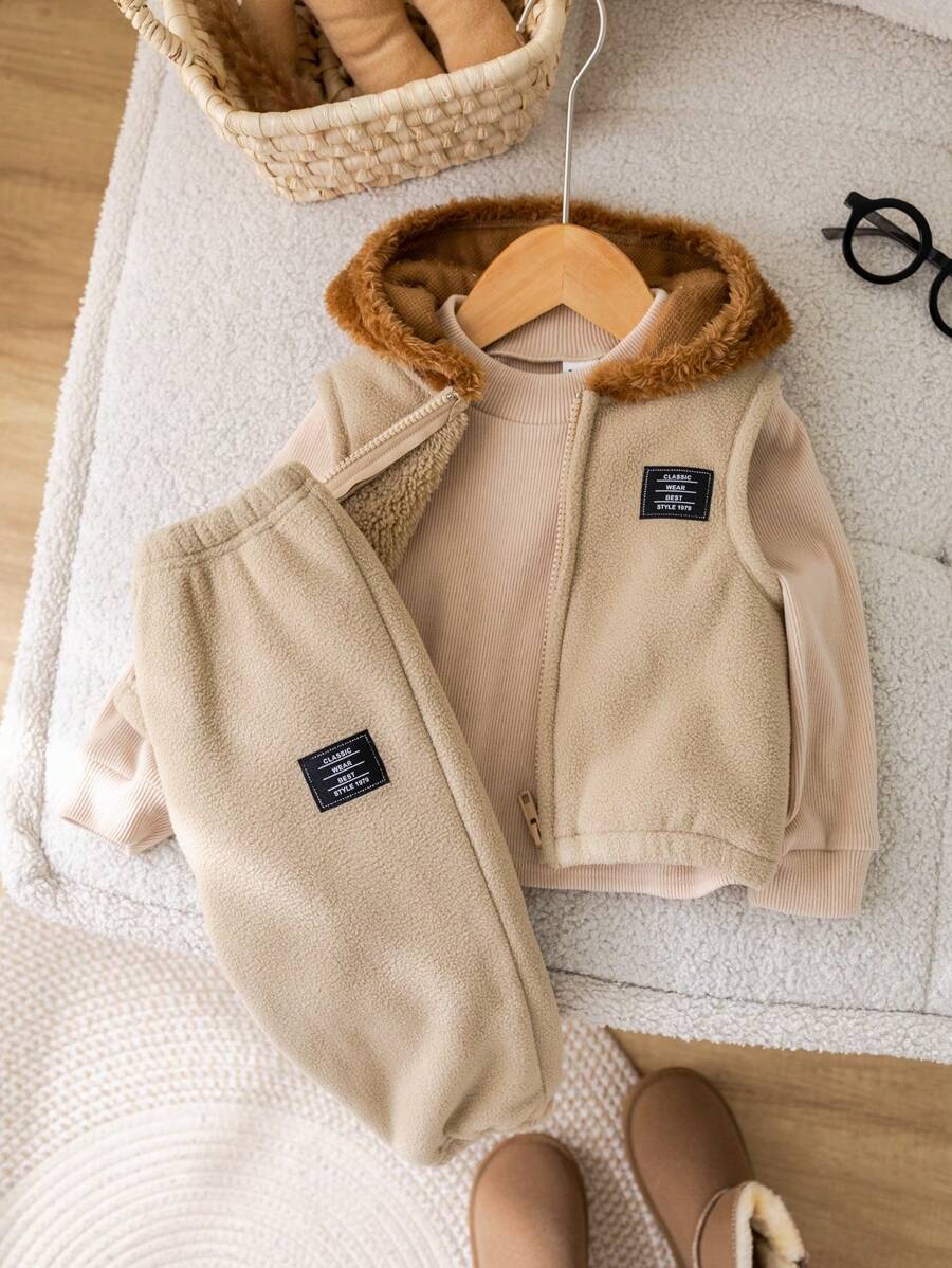 SHEIN 3入組嬰兒男/女休閒連帽背心、運動衫和加厚長褲套裝，秋冬季 - 彩色 - 查看 1