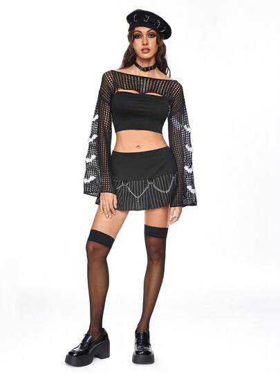 Goth Jersey gótico de manga acampanada con bordado de murciélago y malla calada transparente de la Academia Oscura