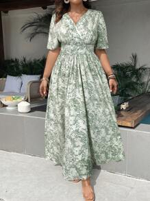 Celure Plus Size Holiday Casual Allover Print Long Dresses With Cinched Waist - Green - View 4