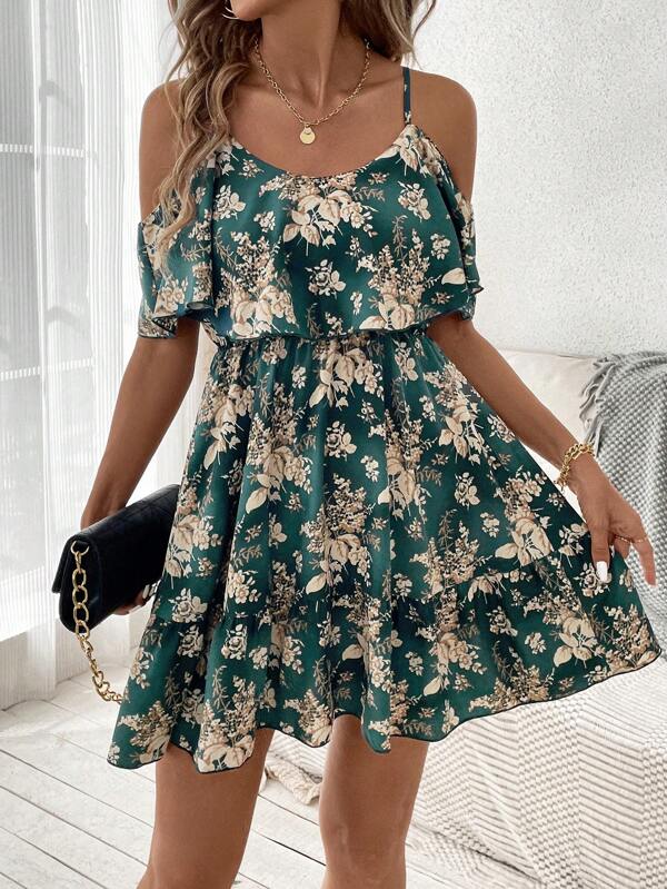SHEIN Clasi Rochie de soare cu bretele cu volane, cu volane, cu imprimeu floral și botanic, pentru femei, vară
