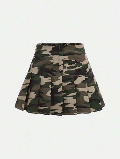 SHEIN Girlism Teen Girl's Pleated Camouflage Printed Casual Skirt
