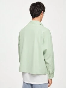 Chillumni Men's Solid Color Button-Down Collar Pocketed Long Sleeve Casual Top, Daily Leisure - Green - View 2