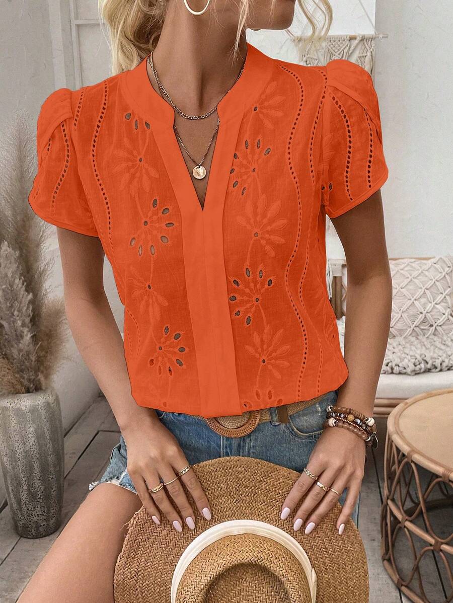 SHEIN 度假休閒純色中空刺繡芽袖襯衫 - 橘色 - 查看 1