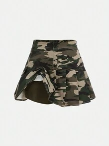 SHEIN Girlism Teen Girl's Pleated Camouflage Printed Casual Skirt