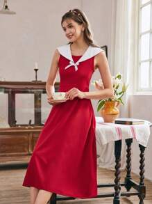 Teen Girls' Elegant Academy Lady Navy Bowknot Splice Color Block Dress - Red - View 6
