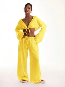 MUSERA 系带亚麻质感沙滩裤，适合度假、夏季波西米亚风、优雅、假日、机场派对等场合 - 黃色 - 查看 3