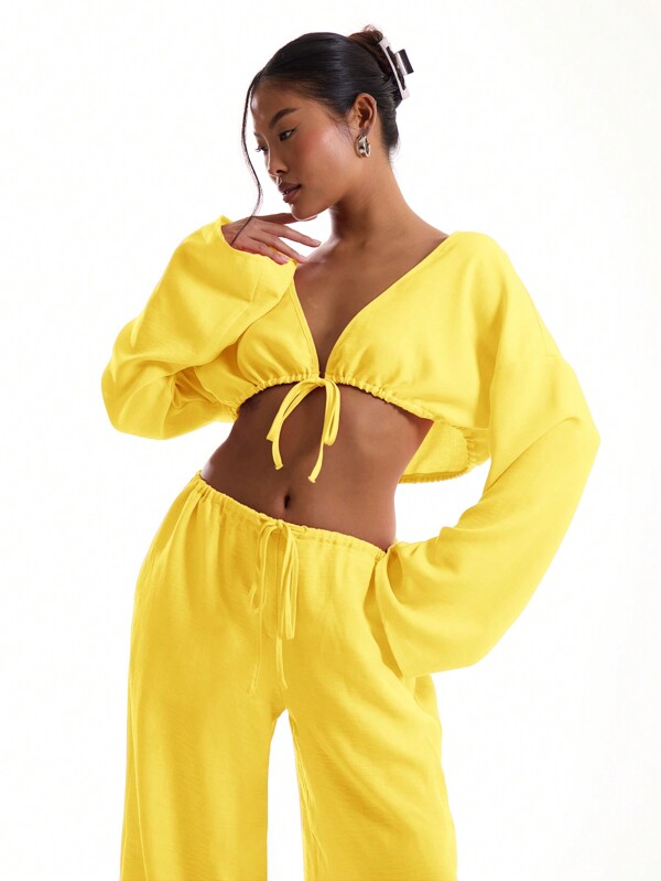 MUSERA Top de plage à manches larges nouées en lin, style boho ibiza pour les vacances d'été, jaune