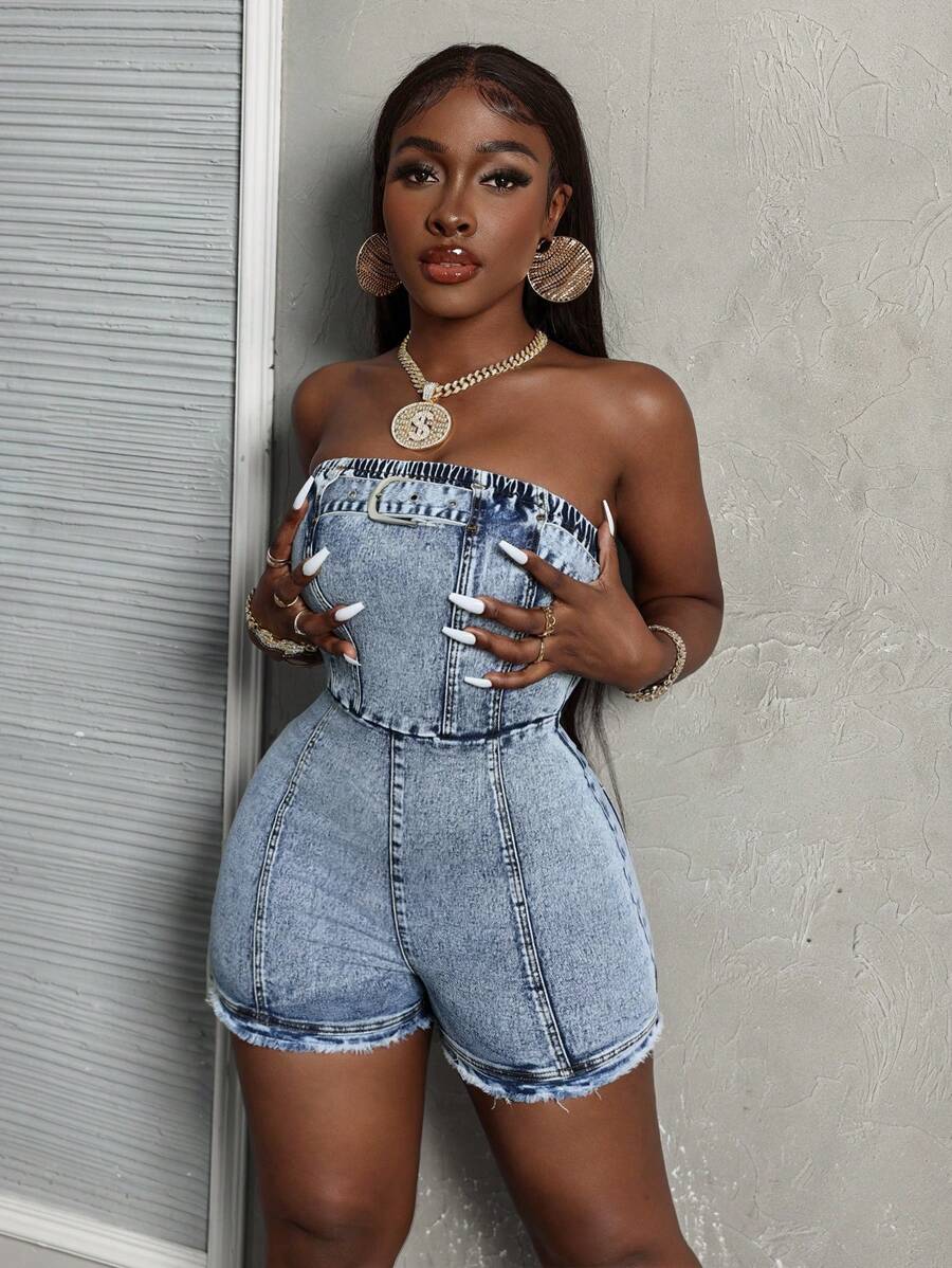 Slaydiva Summer Casual Slim Fit Denim Strapless Romper, Washed - Light Wash - View 1