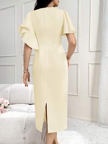 Modelyn Đầm dạ hội dài cổ tròn tay bèo nhún cho nữ, tôn eo, thanh lịch và duyên dáng - trắng - Xem 4