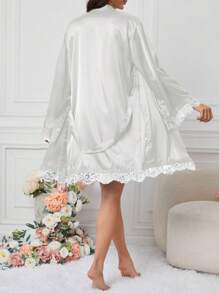 Conjunto de camisón y bata de dormir con encaje blanco en tono sexy - Blanco - Ver 2