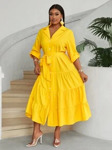 Maweii Plus Size Women's Elegant V-Neck Buttoned Front Long Sleeve Belted Dress With Layered Ruffle Hem Maxi Women Outfit Fall Cloth For Women