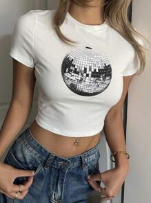 SHEIN EZwear 休闲简约迪斯科球图案圆领短袖短款修身女式 T 恤，棉混纺 - 白色 - 查看 1