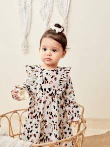 SHEIN LMoss Kids LMoss 女婴时尚可爱女婴波尔卡圆点荷叶边袖长裙，非常适合秋冬季休闲日常穿着和上学日常穿着、圣诞节、女童冬装 - 彩色 - 查看 4