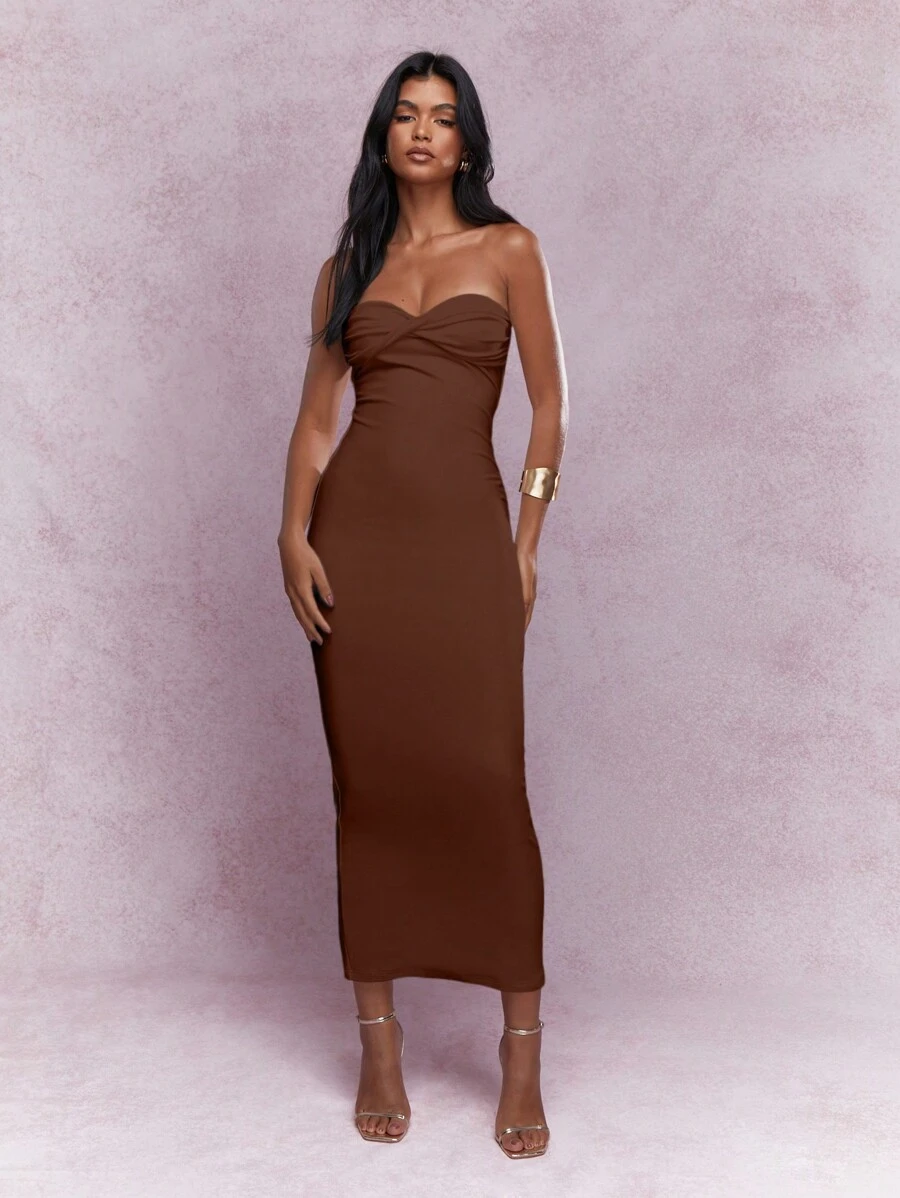MISSGUIDED Váy Maxi Bodycon Bandeau Chi Tiết Thắt Nút Xoắn - màu nâu - Xem 1