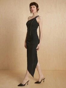 MONSE Mathilde Lhomme 设计师不对称褶皱连衣裙配肩带腰带，夏季优雅连衣裙，假期，节日