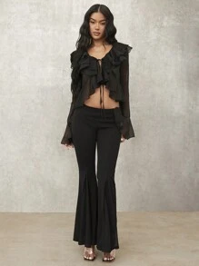 SHEIN BAE 女式夏季阔腿裤，休闲阔腿喇叭裤，适合海滩、约会、泳池派对，优雅低腰性感喇叭裤外出装返校服装 - 黑色 - 查看 3