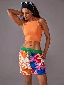 VARSITIE 夏季運動基本版印花短褲，配有口袋和腰帶 - 彩色 - 查看 4