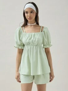 COSMINA Women's Solid Color Puff Sleeve Casual Summer Shirt